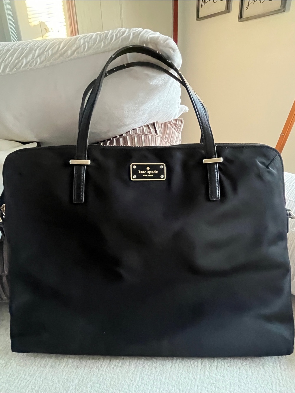 kate spade Black Nylon Laptop Tote with Gold Logo Plaque
